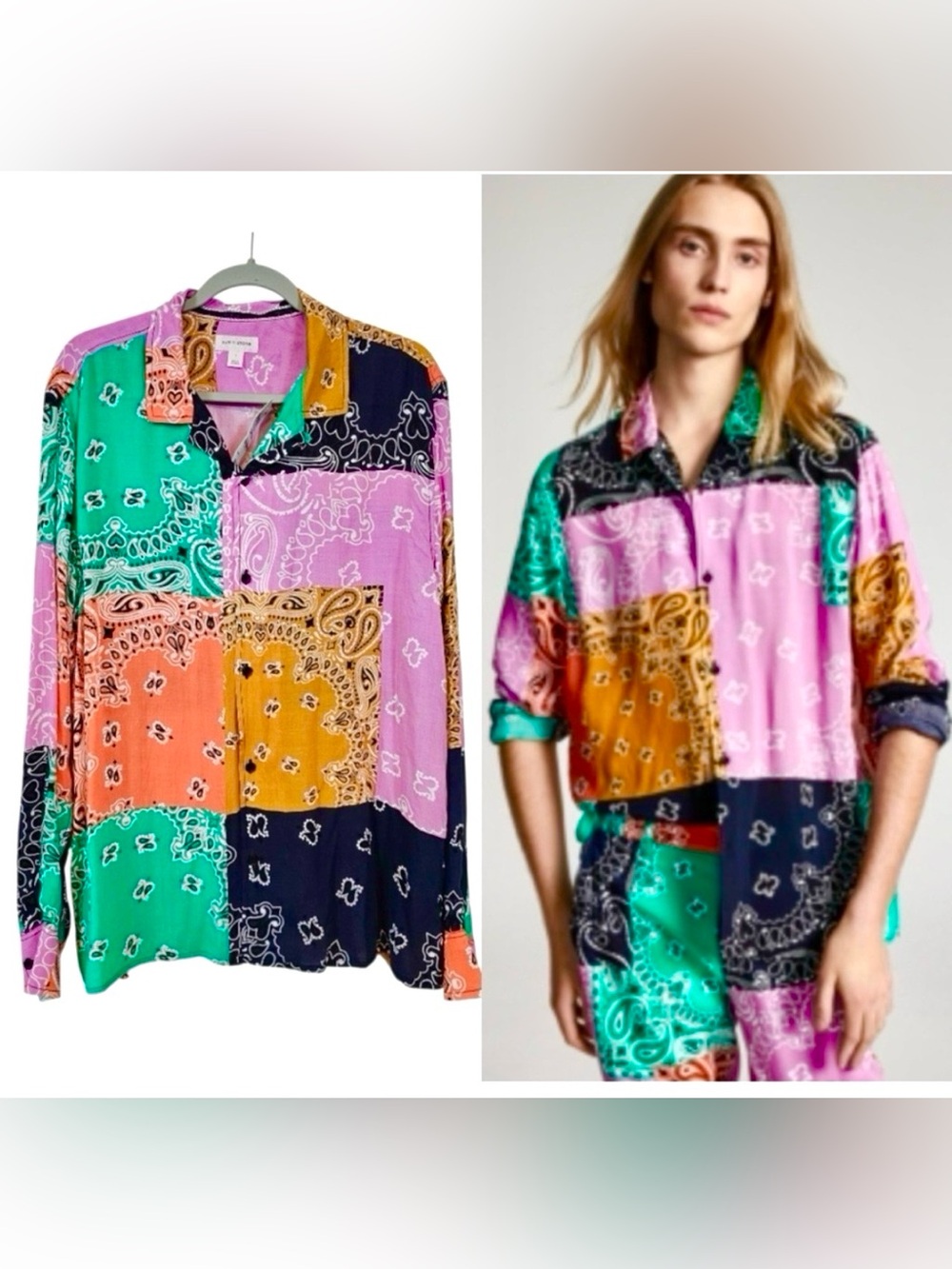 Sun + Stone Colorblock Bandana-Print Camp Shirt XL